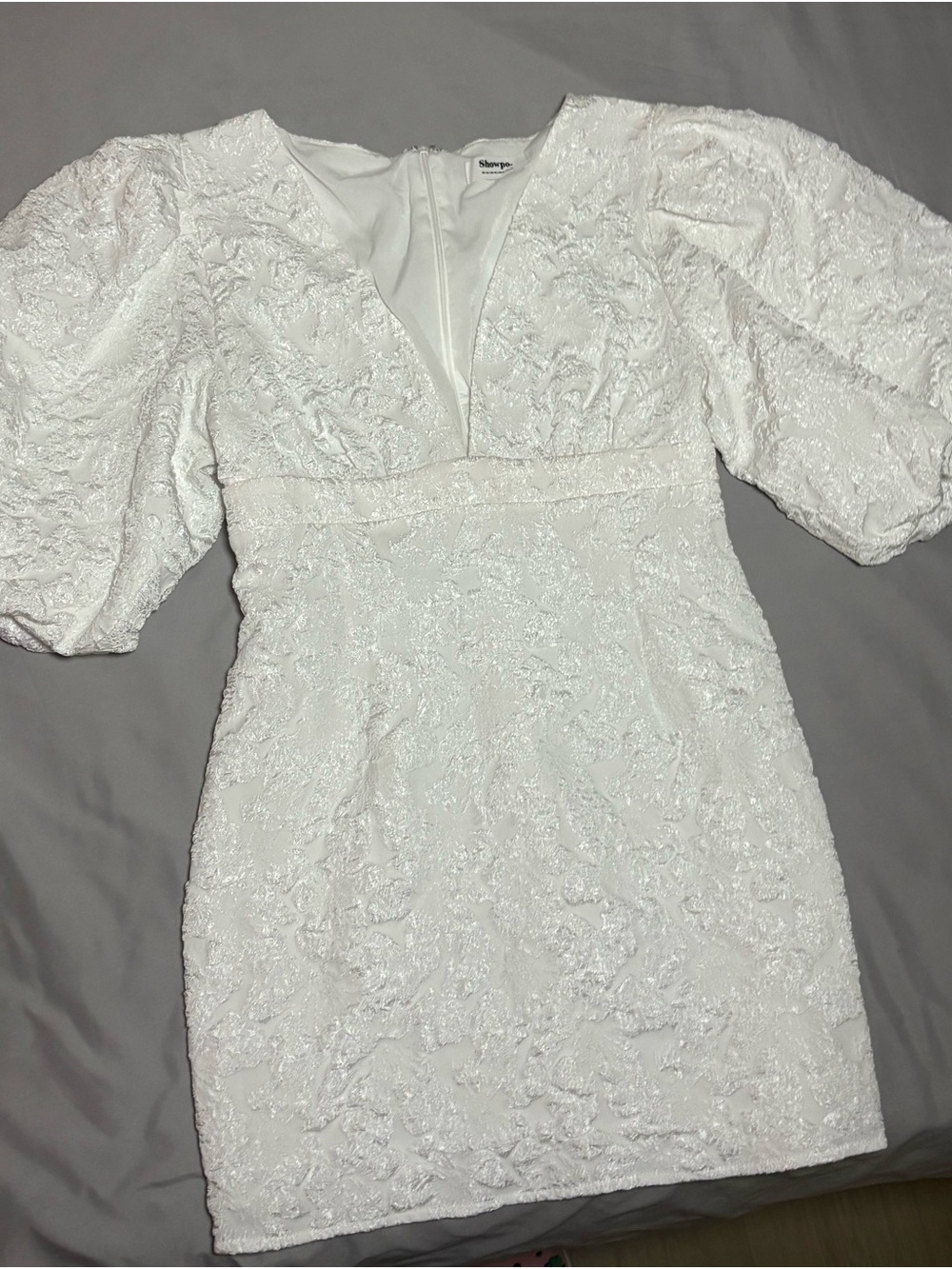 Showpo White Textured Puff-Sleeve Mini Dress